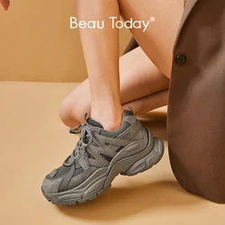 BEAUTODAY Chunky Sneakers Women Leather Mesh Cross Tied 2023 Large Size Sports Thick Sole Summer Trainers Shoes Handmade A29462