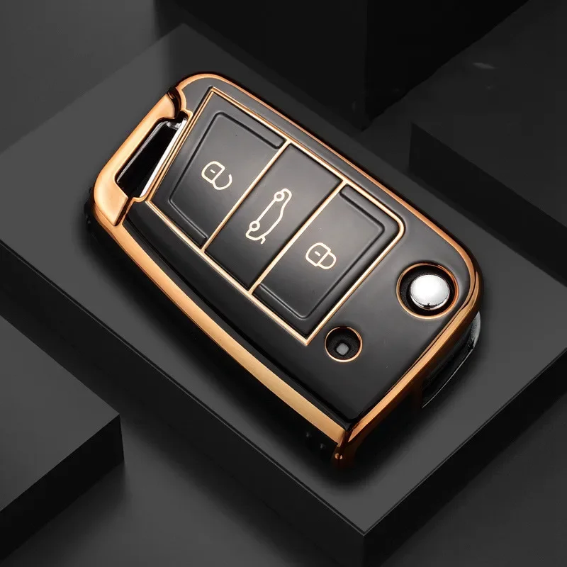 Gold Edge Car Key Case Full Cover Fob for VW Volkswagen Golf 7 MK7 Tiguan MK2 for SEAT Ateca Leon FR 2 Ibiza for Skoda Octavia