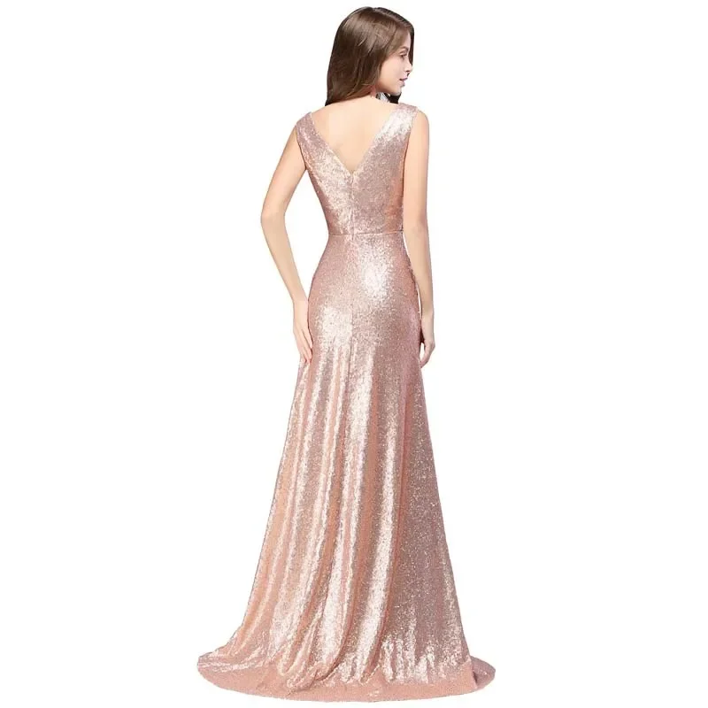 Clearance Evening Dress Golden Sequins V-Neck Sleeveless Pleat Zipper Back Mermaid Floor Length Women Party Formal Gown YS012