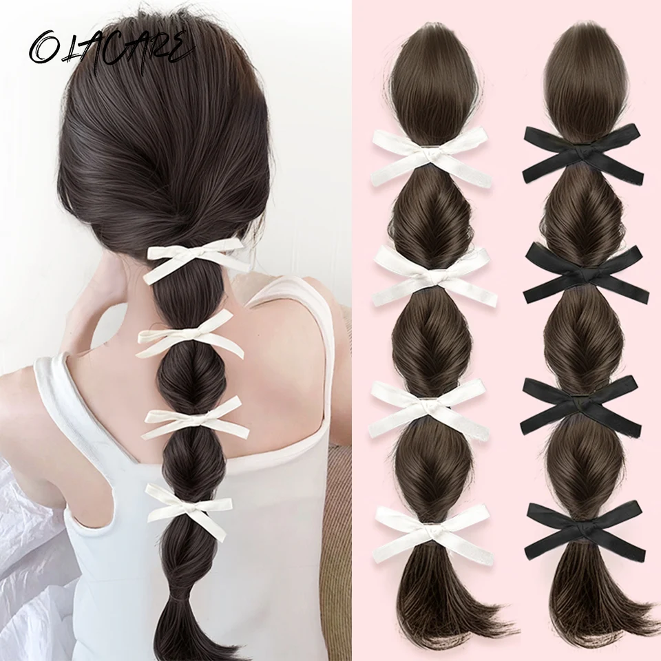 

Synthetic Long Claw Clip On Bow Bubble Braid Ponytail Hair Extensions Heat Resistant Pony Tail Hair piece For Women Daily Party