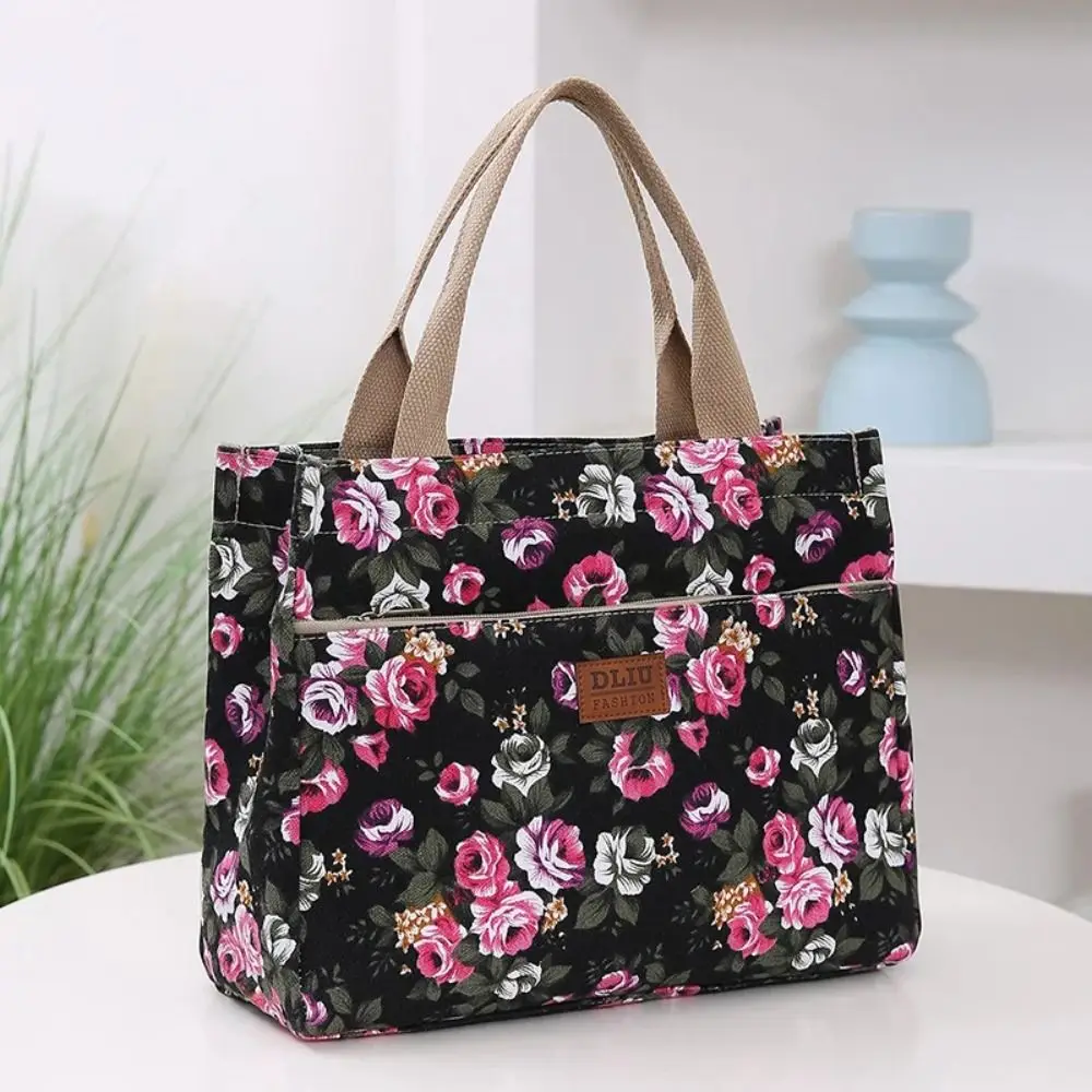 Fashion Women\'s Casual Handbag Mommy Bag For Picnic Travel Floral Print Tote Bag, Portable Canvas Lunch Bag