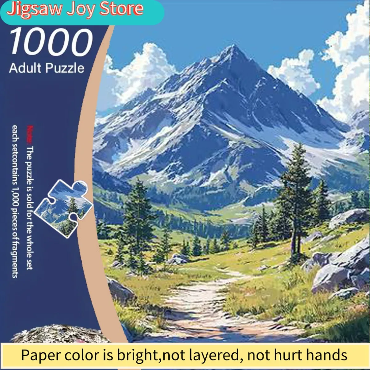 

Пазл из 1000 деталей для взрослых с изображением снежной горной местности с зеленой травой и соснами под синим небом.