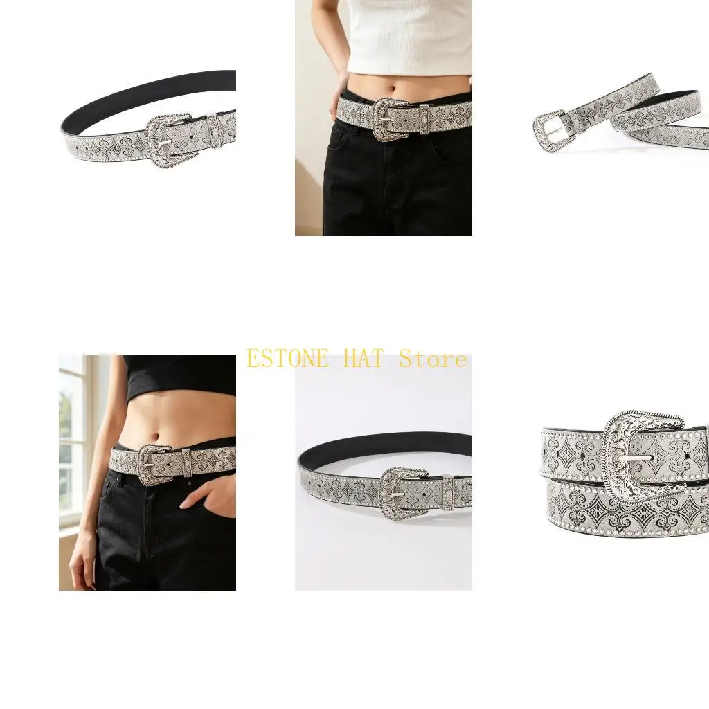 49MF Embossed Western Belt with Engraved Metal Pin Closure and PU Strap for Casual Outfit Styling and Statement Looks