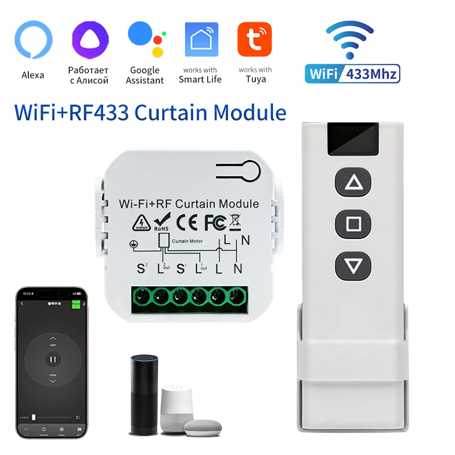 Tuya Smart WiFi Curtain Switch Controller Roller Blinds Shutter Module RF433 Remote Control Alexa Google Home Voice Control