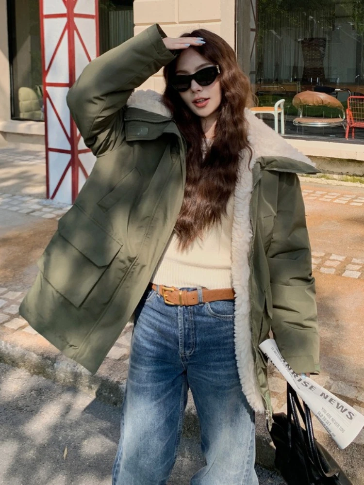 Vielleicht 2025 Army Green Lamb Wool Liner Cotton Padded Winter Jacket Women's Clothes Fashion Korean Style Puffer Jacket Coat