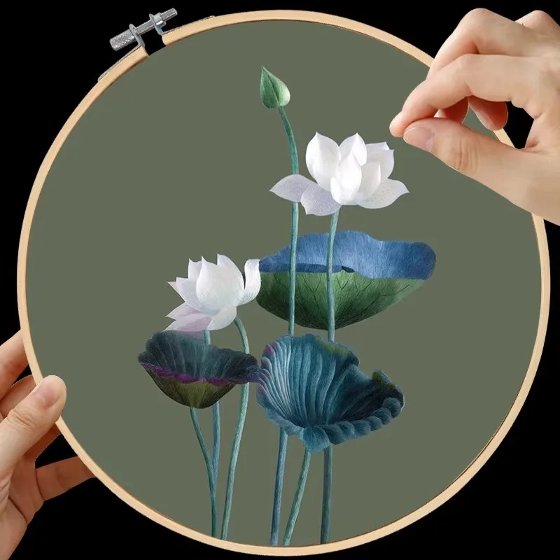 

Lotus Pattern Suzhou Embroidery DIY Kit for Beginners, Chinese Silk Stitch Craft with Thread, Hoop, Needles & Pattern