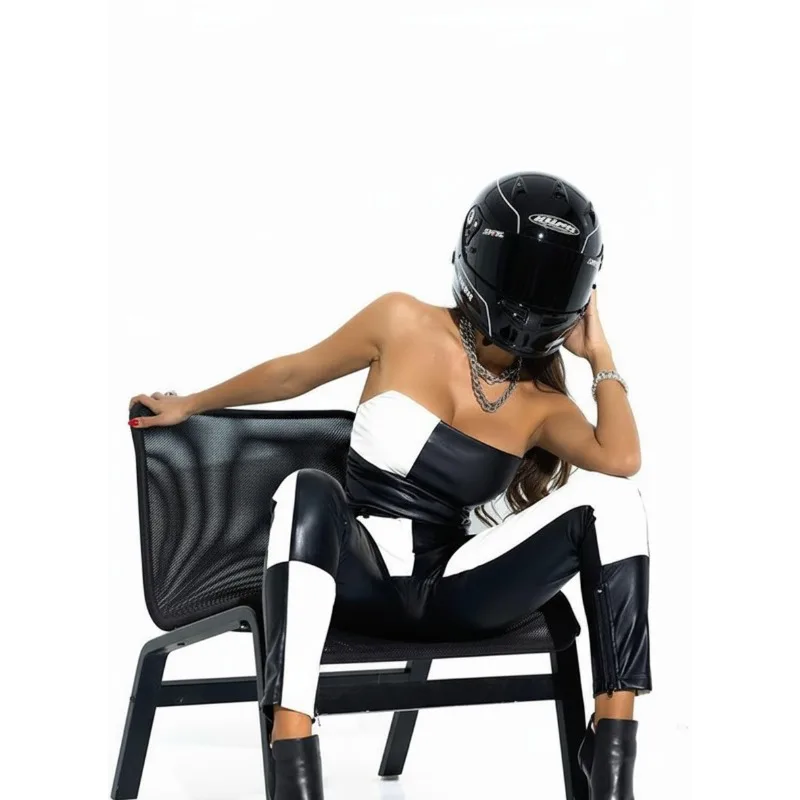 Krisnanas Racing Style One Piece Jumpsuit for Women Sportswear Gym Wrap Tights Contrast Color Plaid Strapless Jumpsuit 105643