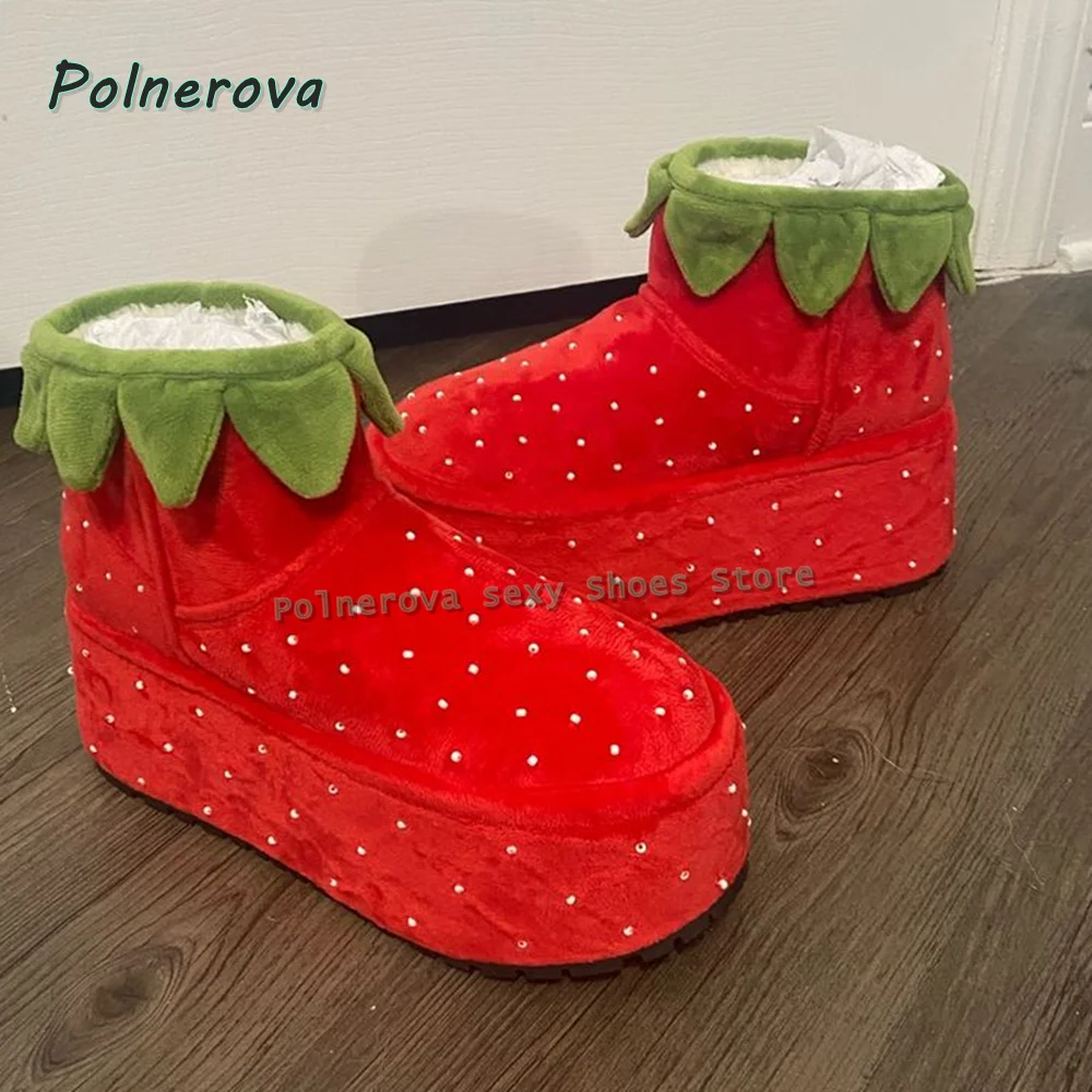 Strawberry Pattern Fashion Mid-Calf Boots Round Toe Thick Sole Pull On Mixed Colors Women Y2K Dress Shoes 2025 New Arrivals