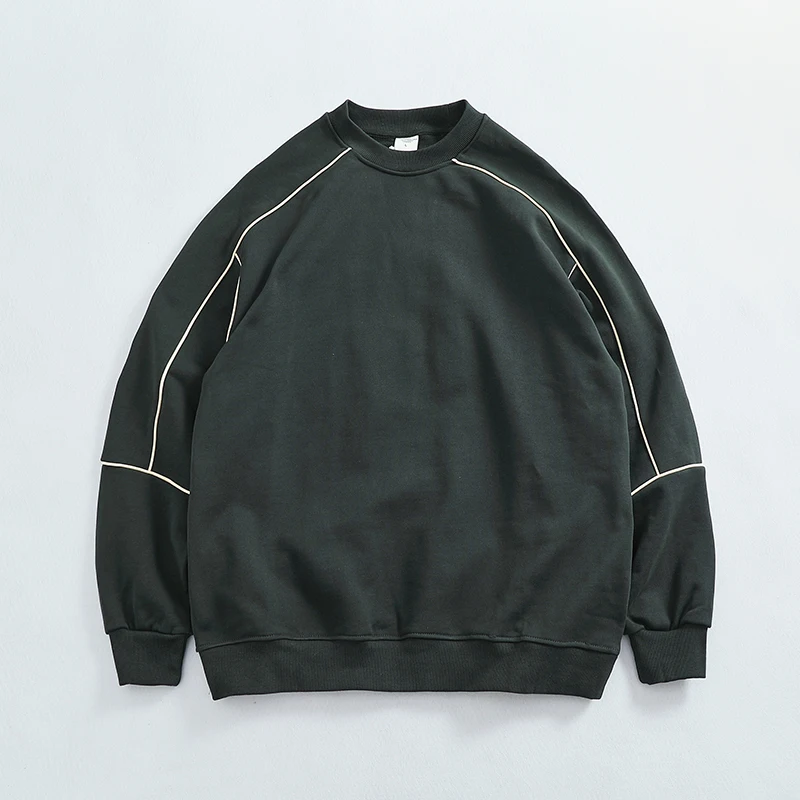 

Autumn Winter Nostalgic Retro Round Neck Sweatshirt with Bright Line 3D Tailoring 100% Cotton Pullover Jacket Street Oversize