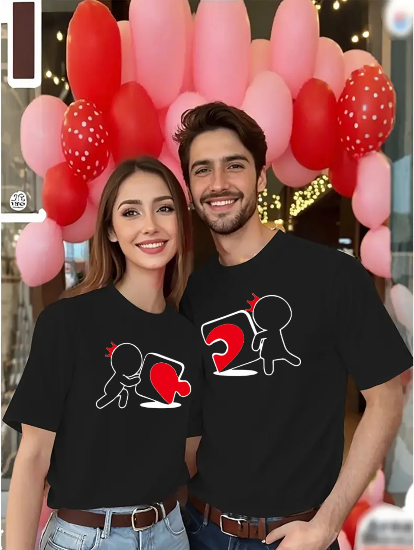 

1 Couple Pattern T-Shirt with He & Her - Funny Stick Figure and Heart Balloon Print for Couple Set