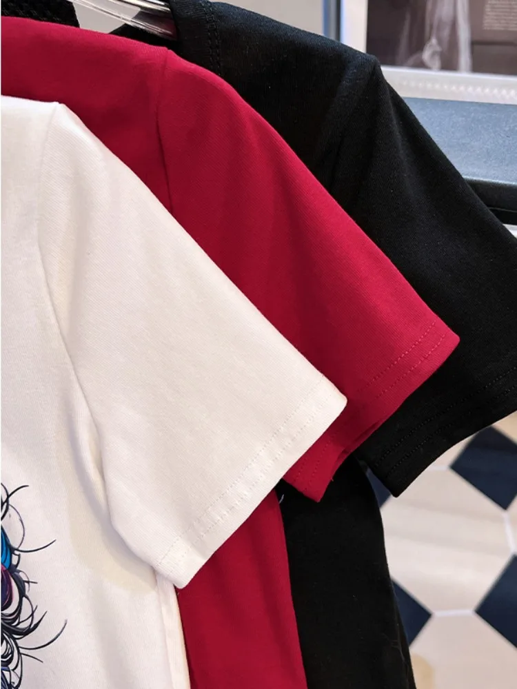 Zomer ort Sve U-Ne T-shirt Dames Puur Katoen Slim Fit ort Lengte Print Top Koreaanse Sle Pendelen Faion