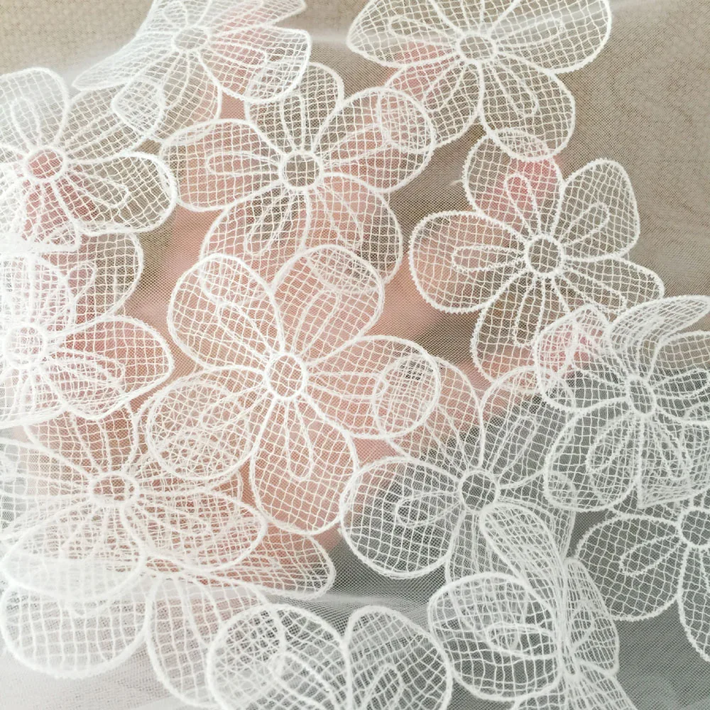 5Pcs White Flowers Mesh Patch Handmade Sewing Material Repair Application 7CM Wide