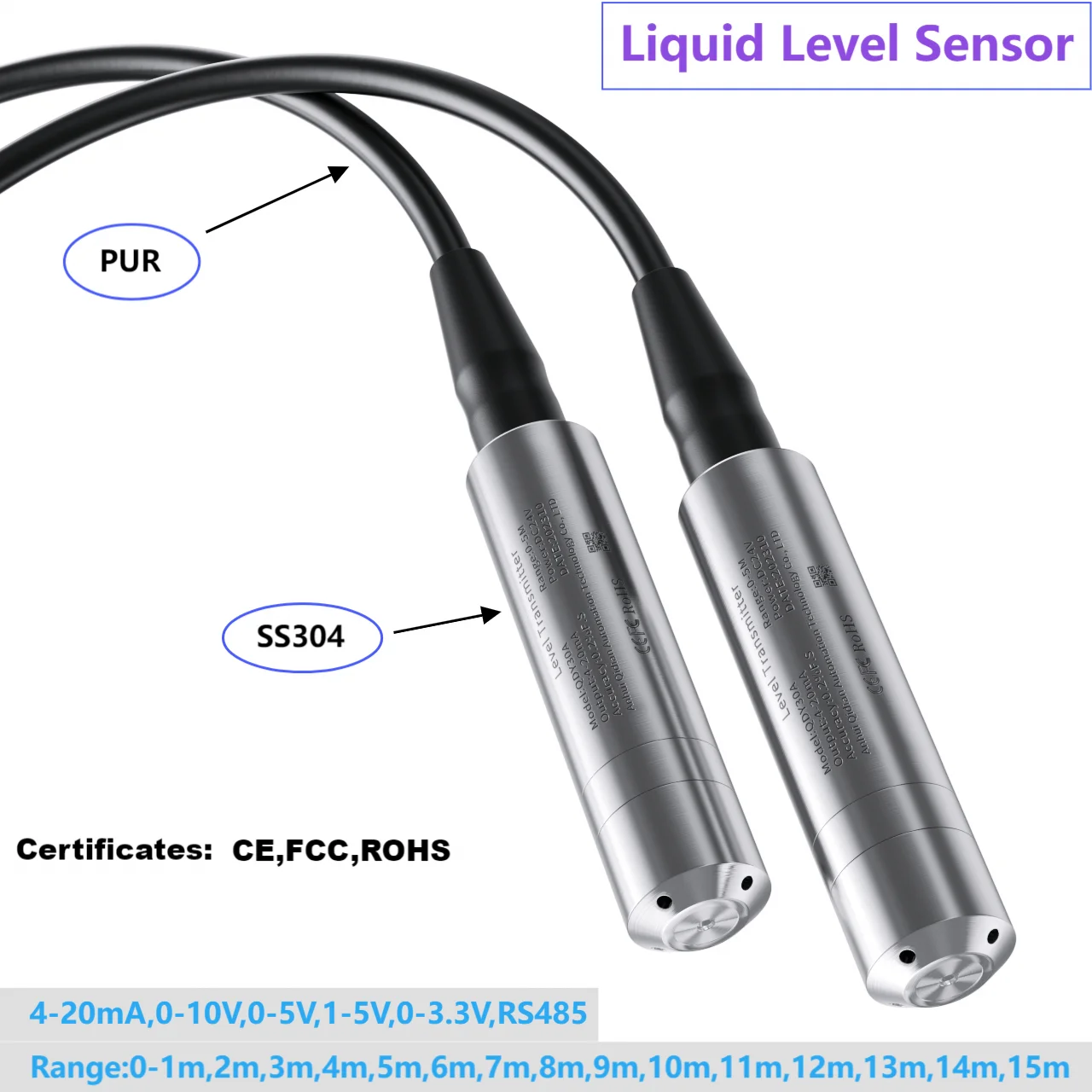 Submersible Liquid Level Transmitter 24VDC Water Level Transmitter 11M 12M Liquid Level Transducer 4-20mA 0-10V