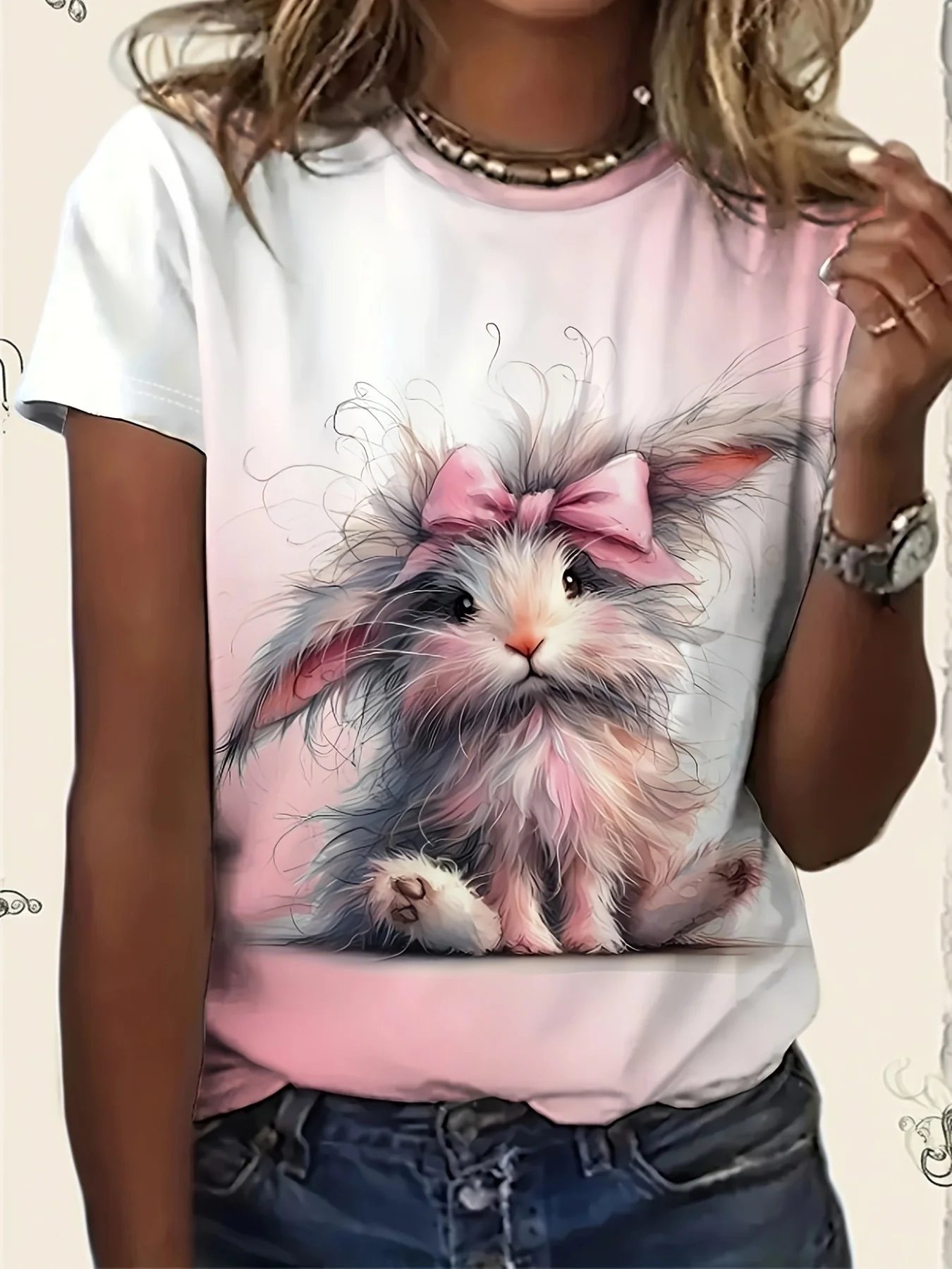 Women Cute Fluffy Bunny With Pink Bow Graphic T‑Shirt,Soft Gradient Crew Neck Short Sleeve Casual Summer Tee
