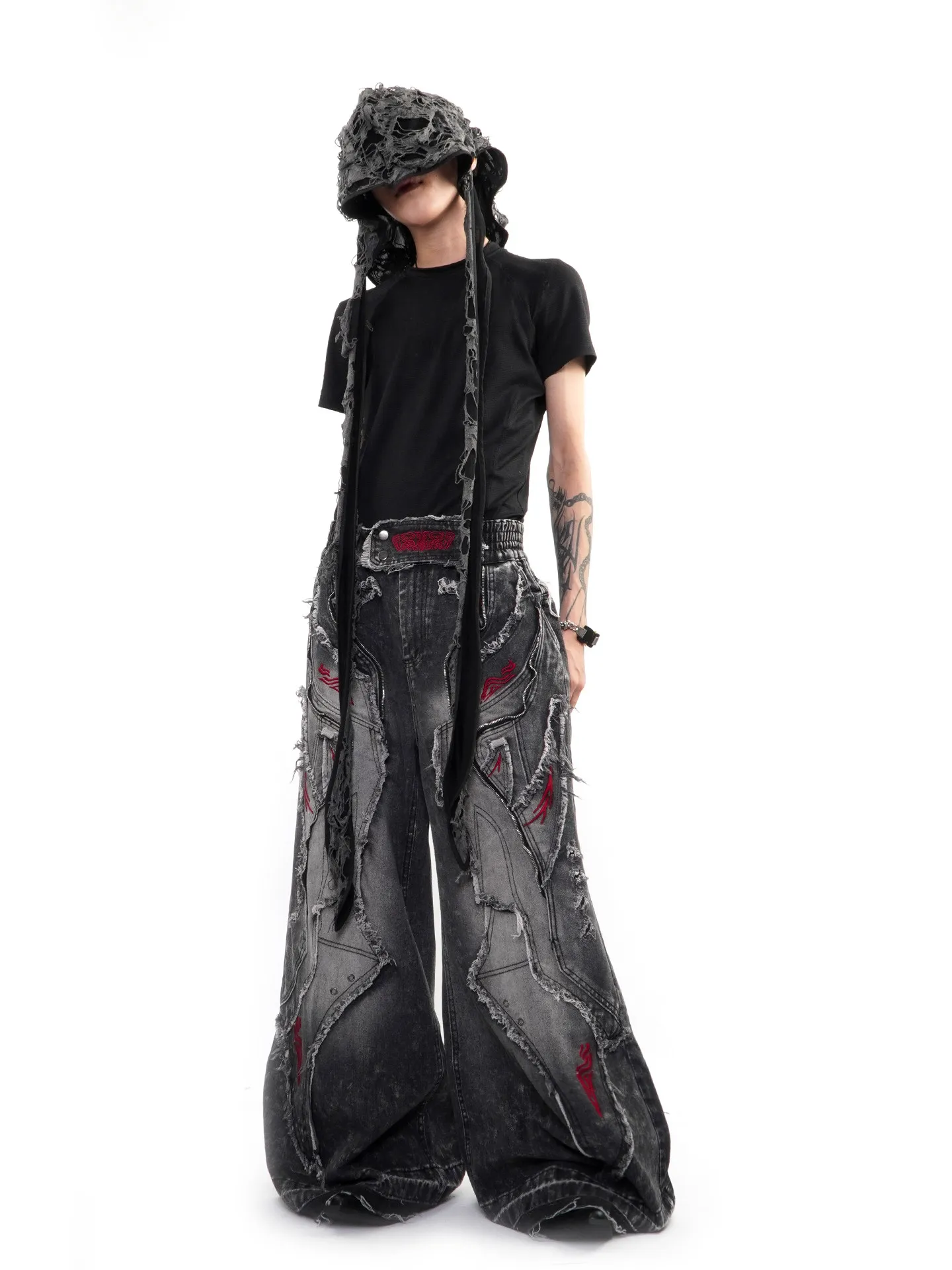 Street Punk Subculture Heavy Duty Patchwork Embroidered Frayed Jeans Men's  Wide Leg Vintage Long Trousers
