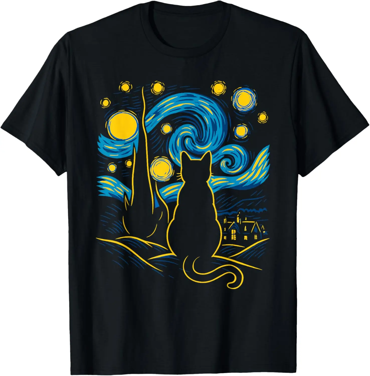Camiseta informal de manga corta de algodón con gráfico de silueta de gato de noche estrellada para hombres y mujeres