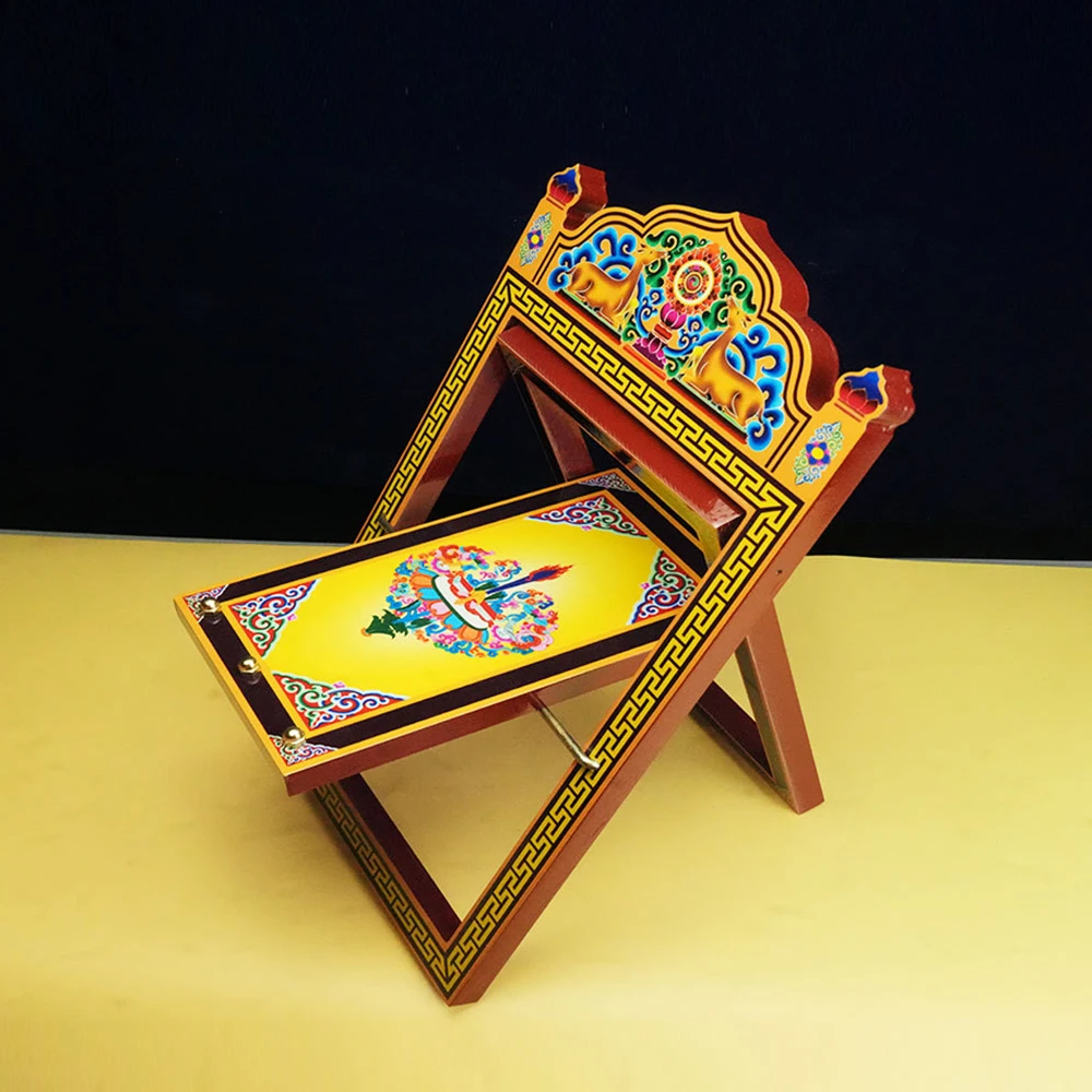 Tibetan Painted Solid Wood Scripture Reading Stand, Double Deer Buddha Design Foldable Prayer Book Holder, Home Altar Book Rack