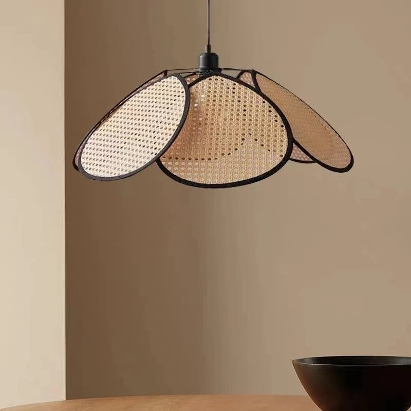 Modern Nordic LED Rattan Chandelier with Bamboo Lampshade Handmade E26 Installation for Bedroom/Living Room Home Use