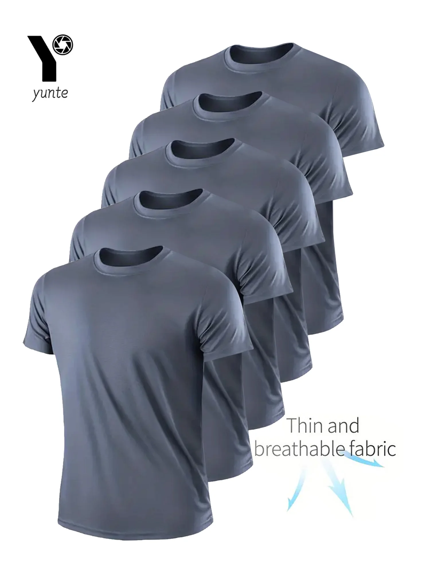 T-Shirt girocollo 5 pezzi camicia assorbente dal sudore traspirante ad asciugatura rapida grigia da uomo ultraleggera per palestra Fitness e corsa