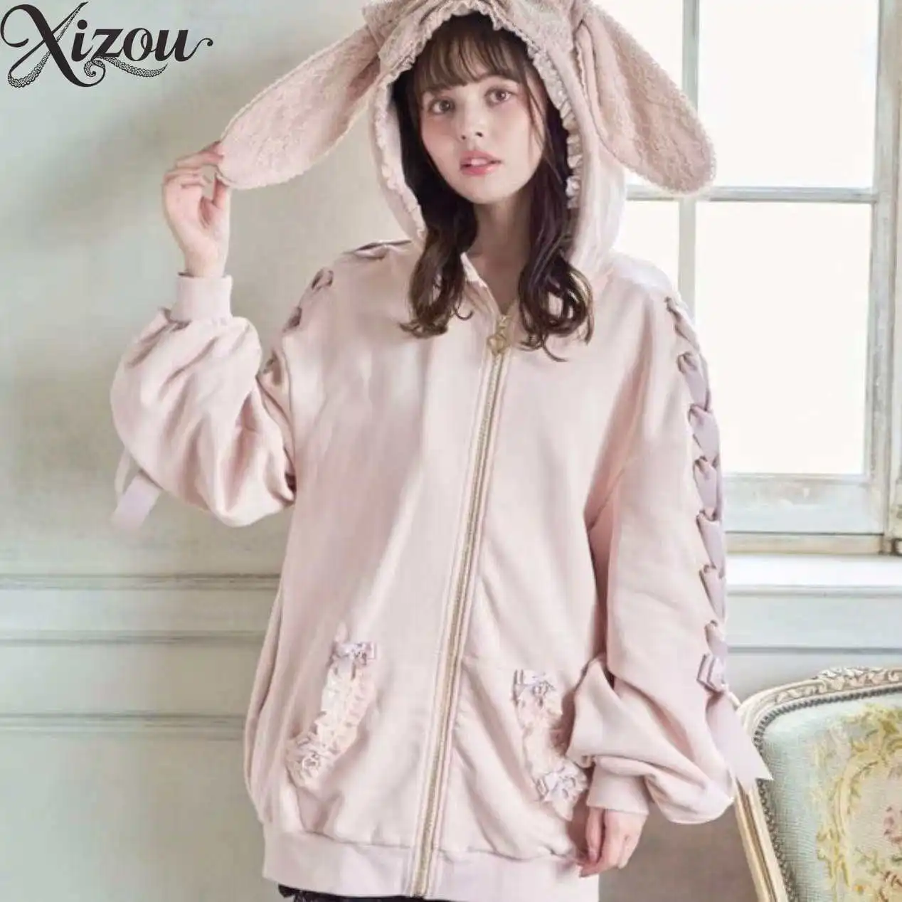 2025 Japanese Y2K Gothic Hoodie Women Cute Rabbit Ears Lace Bandage Loose Long Sleeve Zipper Sweatshirt Jacket Hoodied Zipper