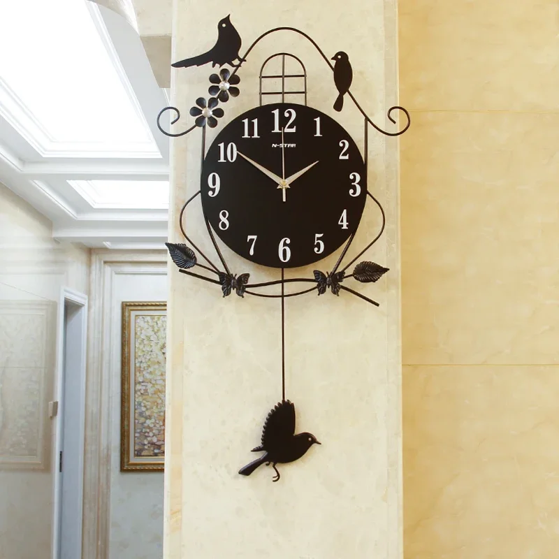 Black Iron Swing Bird Wall Clock Large Durable Electronic Modern Art Craft Decor for Living Room