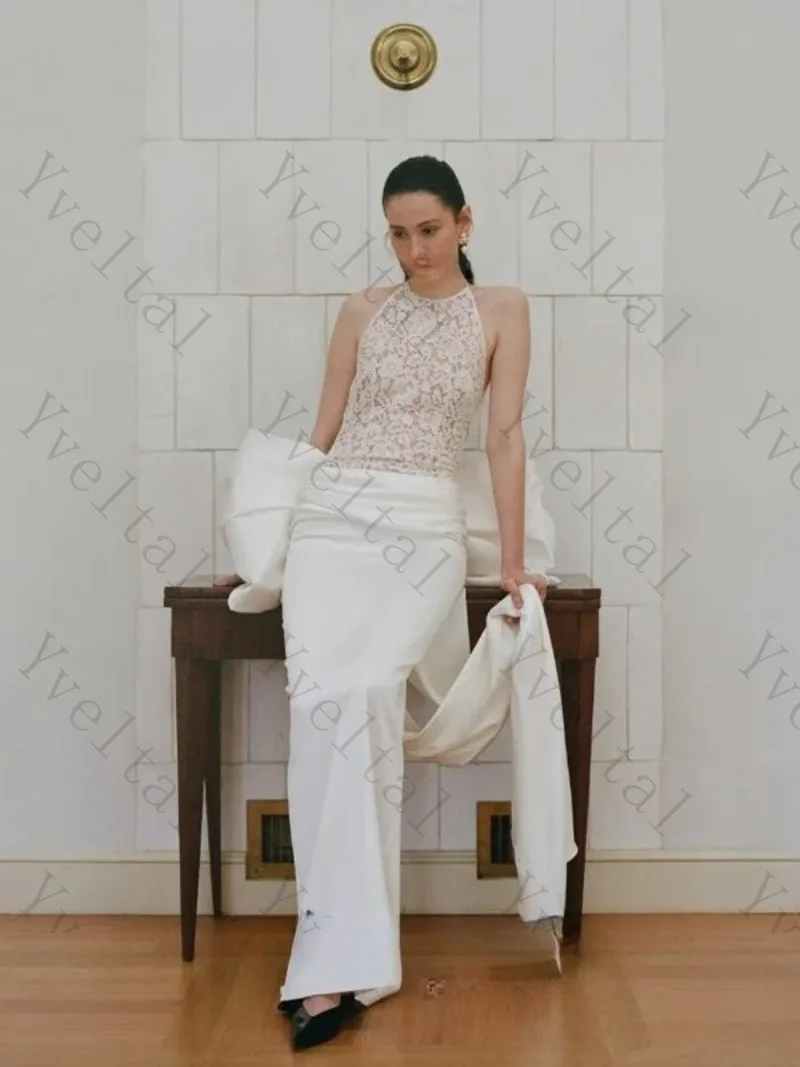 Customized Graceful Dignified Temperament Modern Mermaid Lace Wedding Dresses Open Back with Lace Up Pleat Bow Bridal Gown