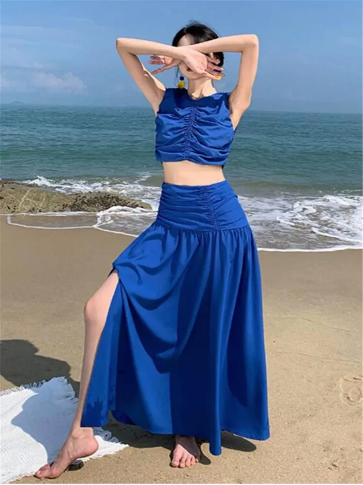 

Summer Holiday Blue Fashion 2 Piece Dress Sets Sexy 2pc Pleated Sleeveless Short Camis Vest&High Waist Split Long Skirt Suits