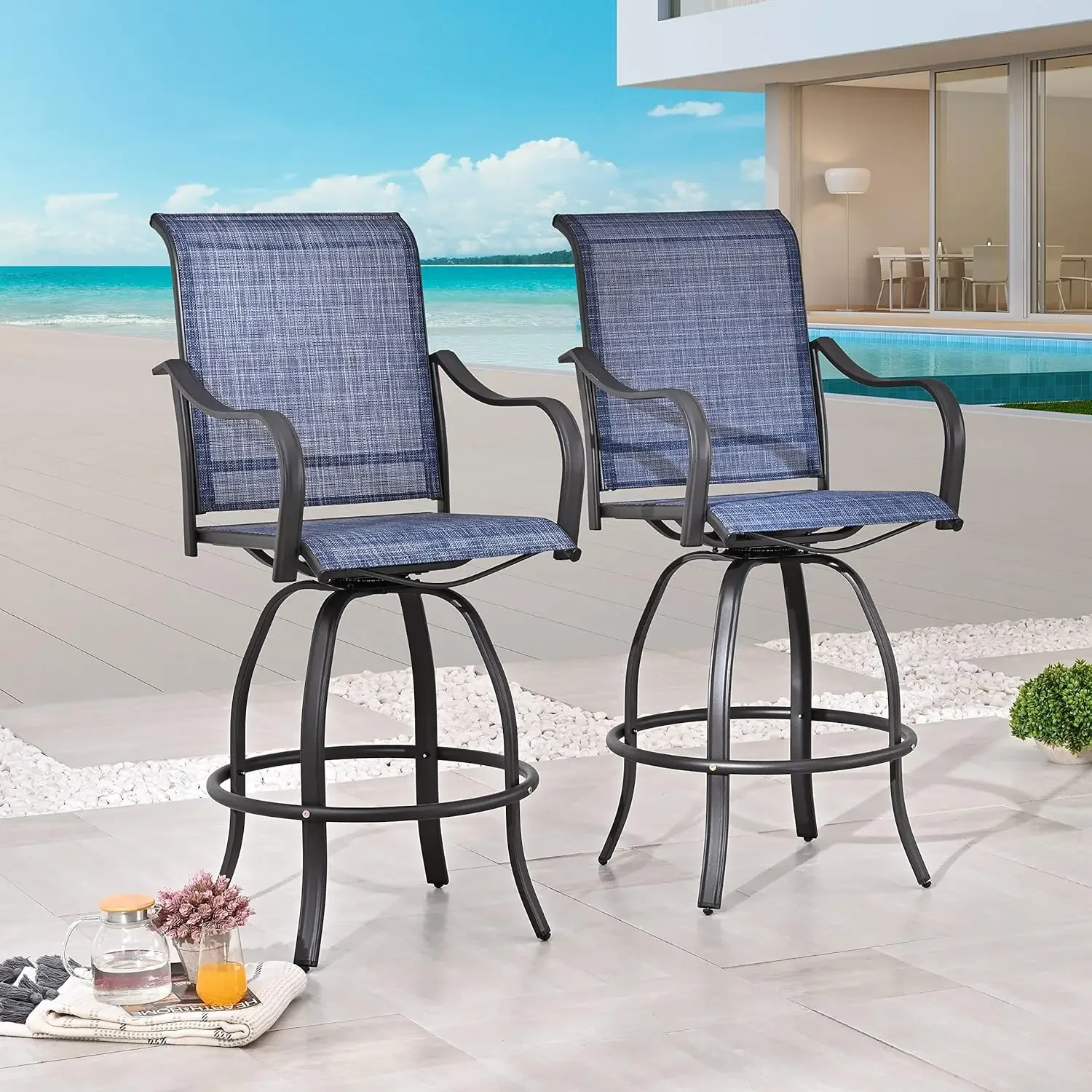 

Home 2/3 Pieces Bar Height Patio Chairs Outdoor Swivel Stools Set Furniture with All Weather Metal Frame, Blue Tesling Fabric