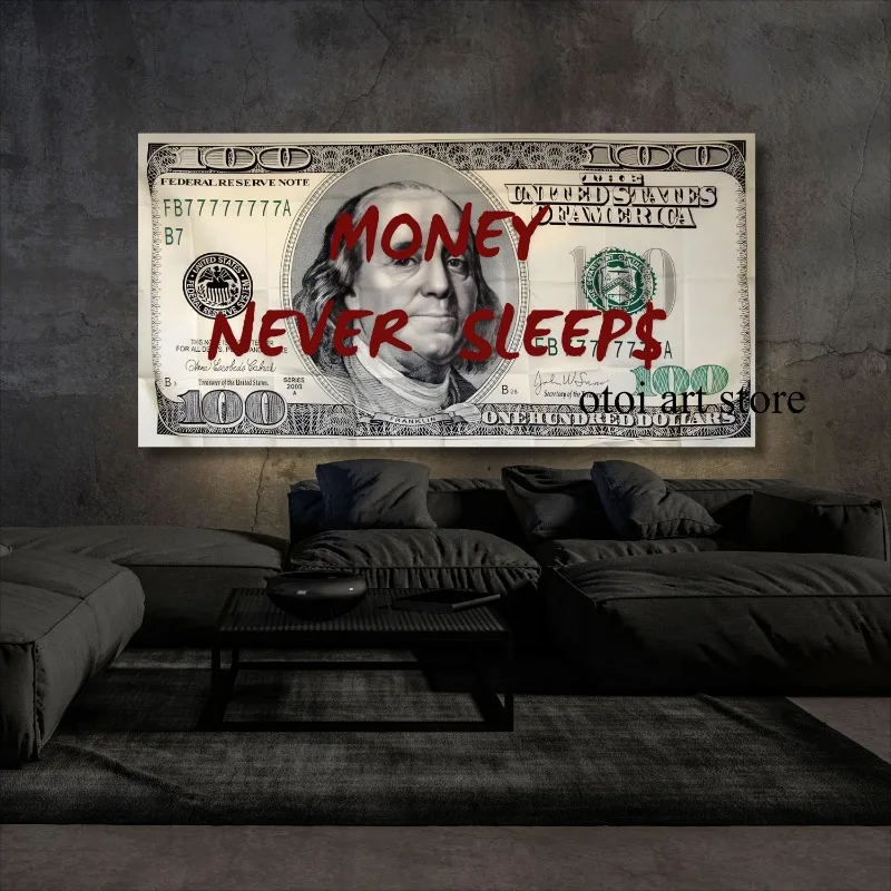 Money Never Sleeps Inspirational 100 Bill Dollar art poster canvas painting Wall Prints Picture office Living Room home Decor