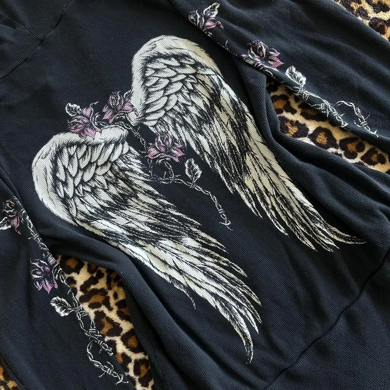 00s Estetyczna kurtka vintage Y2k Grunge Zip Up Sweatshirt Flower Wings Print Slim Fit Hoodies E-girl Gothic Cool Street Outwear