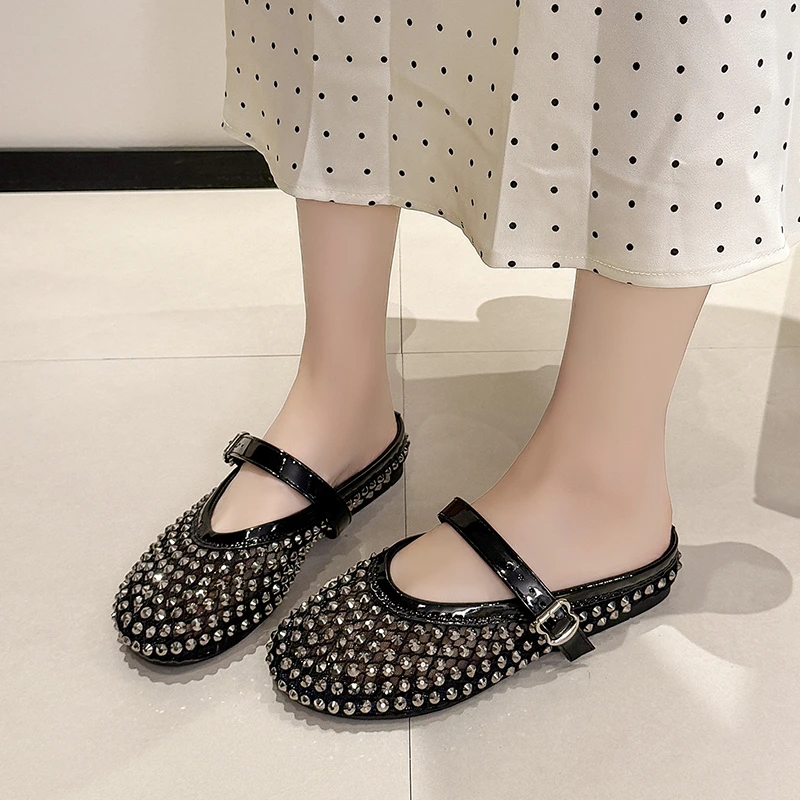 Round Head Shallow Mesh Hollow-out Breathable Wrapped Head Slippers for Women Summer Flat Sandals Rhinestone Half Drag Shoes