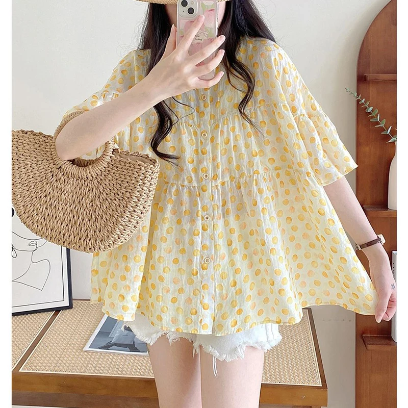 Clothes for Women Summer Fashion Polka Dot Print Buton Up Shirt Kawaii Sweet Oversized Blouse Casual Short Sleeve Vacation Tops