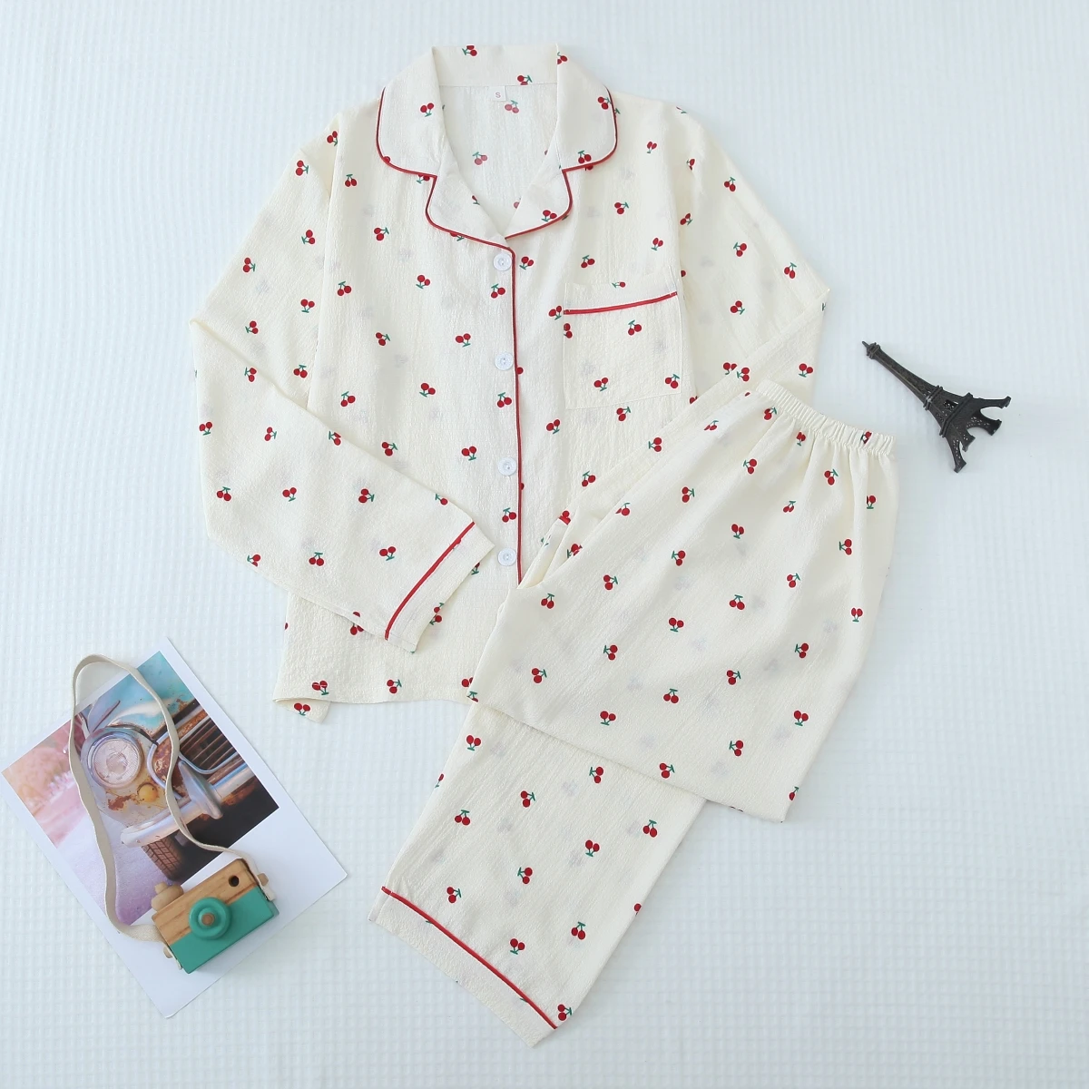 Two-Piece Comfortable Cherry Print Lapel Button-Up Top and Bow-Knot Long Pants Women's Pajama Loungewear Set Suitable for Home Use