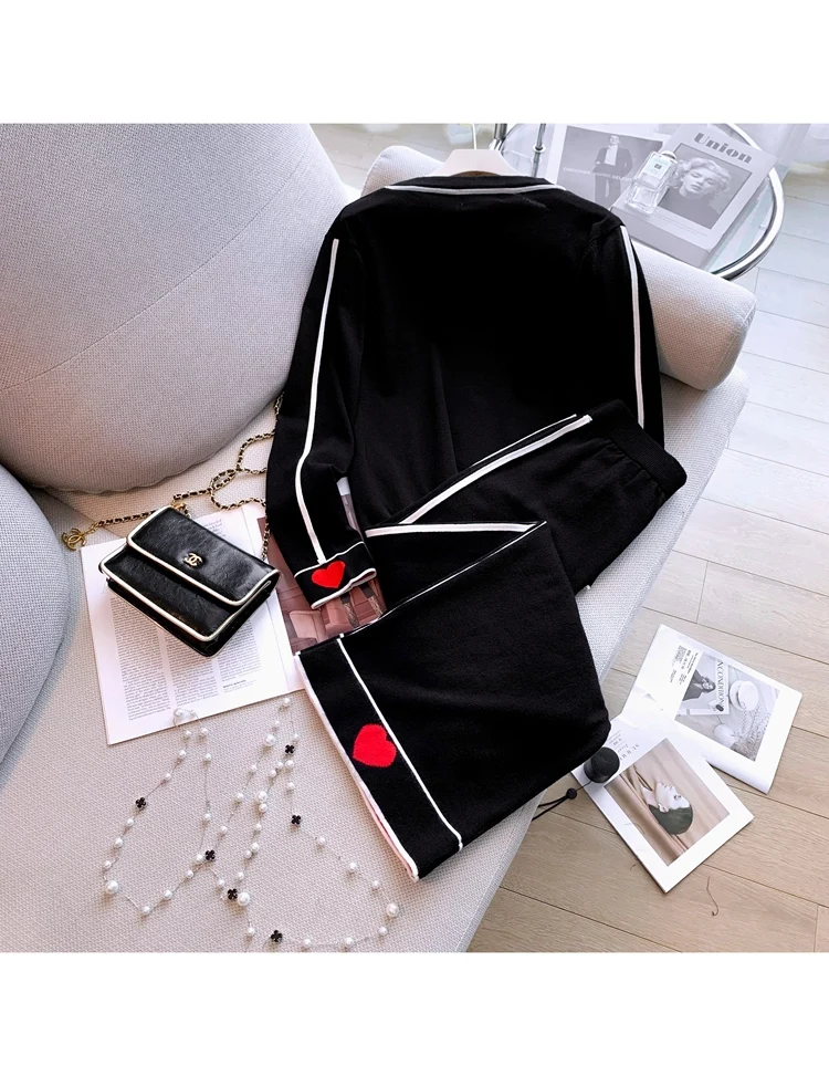 2024 Autumn Winter Women Knitting 2 Piece Sets V-neck Knitted Cardigan Sweater + Wide Leg Pants Suits Female Tracksuit Clothing