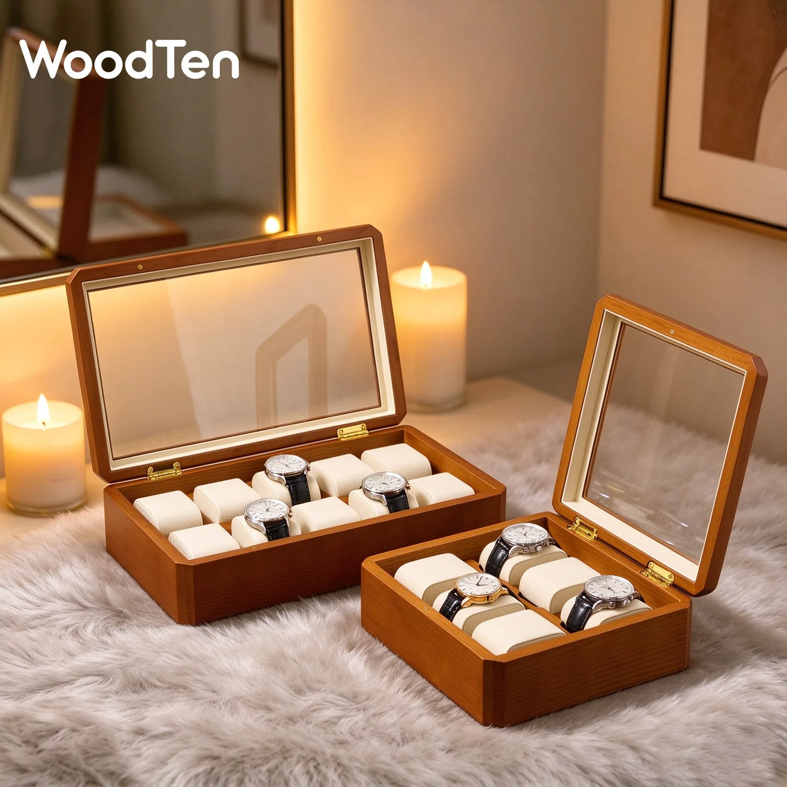 WoodTen Wooden Watch Storage Box with Soft Liner Wristwatch Display Organizer for Watch Collection Gift for Watch Lovers Home St