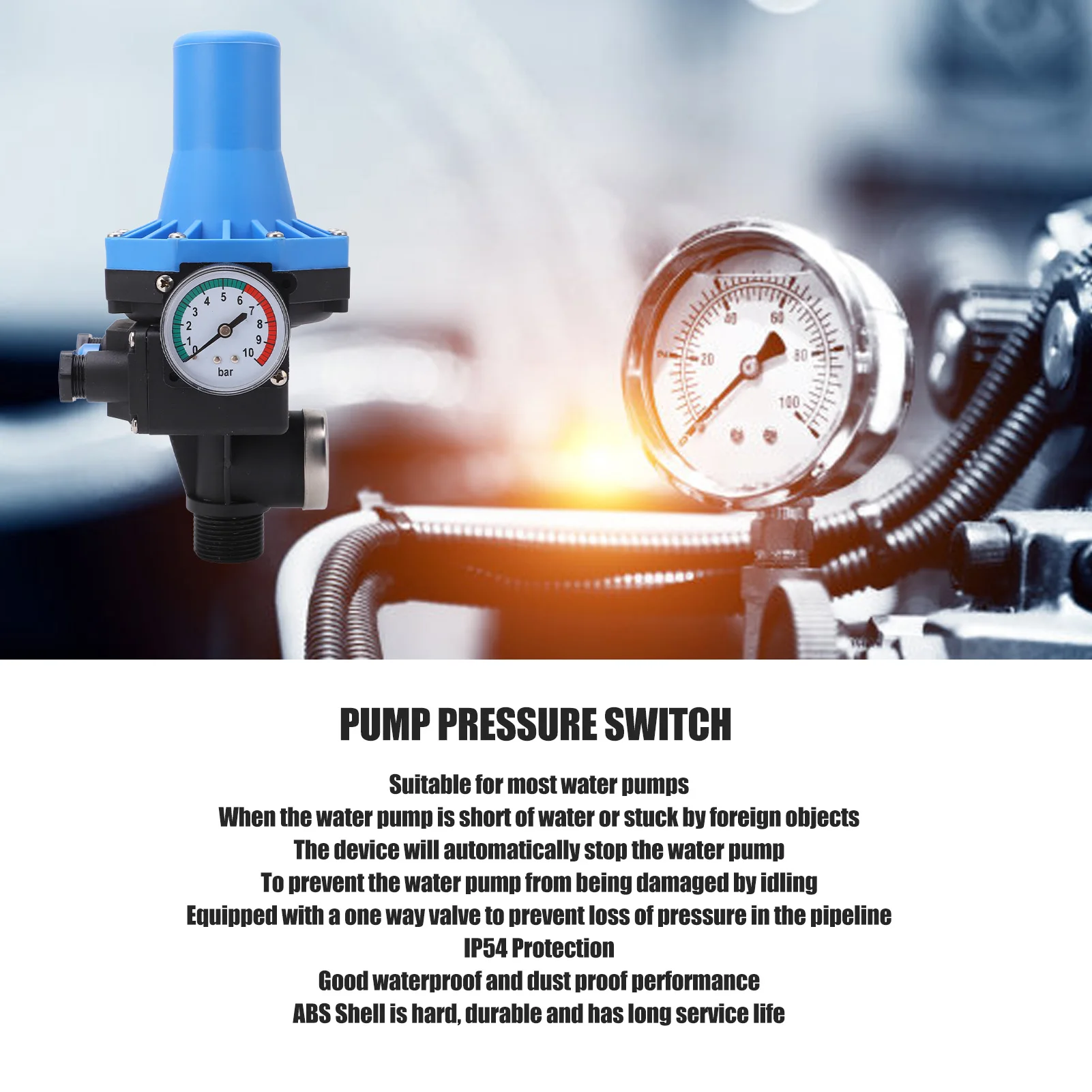 Water Pump Pressure Controller Waterproof Adjustment Automatic Water Pump Control Switch with Single Way Valve 110‑120V (0.75KW)