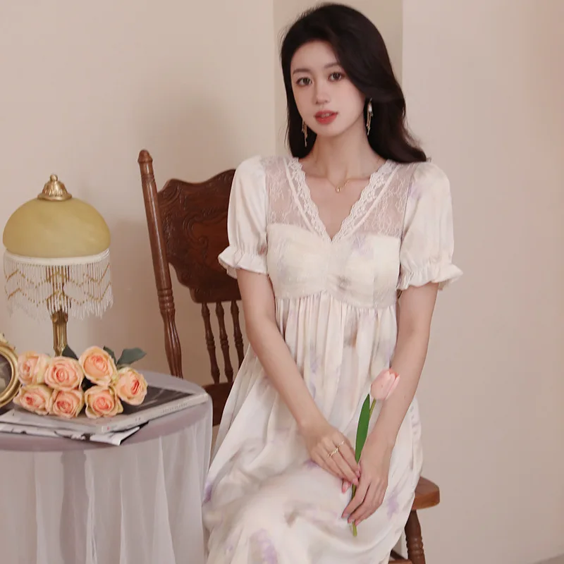 Sexy Mesh V Neck Night Dress Women Summer Ice Silk Nightgown Lace Short Sleeve Nightdress Princess Satin Sleepwear Nightwear