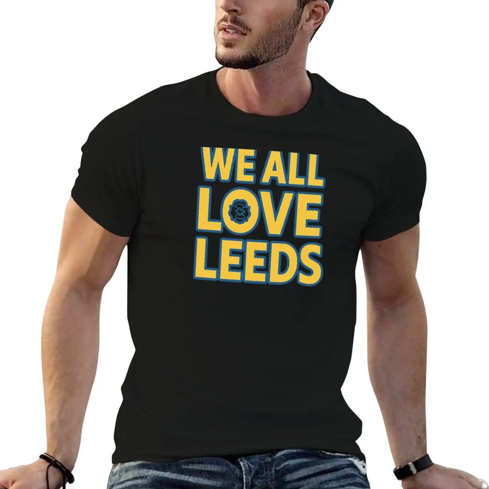 

We All Love Leeds Yellow & Blue Typography with Yorkshire Rose T-Shirt t shirts for man graphic cars T-Shirt