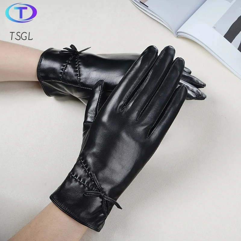 

High Quality Leather Female Fashion Winter Warm Black Bow Cycling Gloves Women Driving Touch Phone Screen Glove Mittens