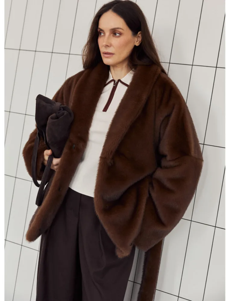 

DFDG Women’s Modern Stylish 2025 Autumn Winter Faux Mink Fur Robe Coat Belted Wrap Jacket Minimalist Warm Elegant Outerwear Coat