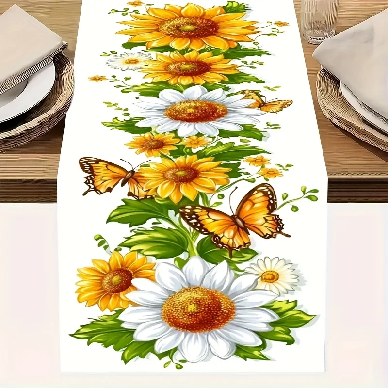 

1pc Summer Sunflower Table Runner, Linen 2D Printed Butterfly Floral Table Flag, Kitchen Dining Living Room Decor for BBQ Party