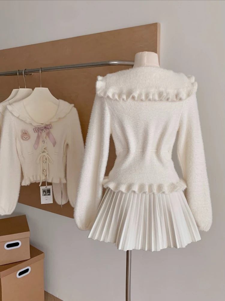 سترات جميلة على الطراز الياباني الجديد لخريف 2025 سترات نسائية كاواي على طراز بريبي أنيقة أنيقة بفيونكة سترة صوفية عصرية رائعة #2