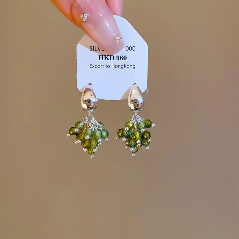 Minar INS Fashion Green Color Glass Beads Strand Tassel C Shaped Drop Earrings for Women Silver Plated Copper Every Day Jewelry
