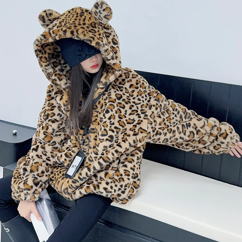 Abrigo de piel de leopardo a la moda para chicas jóvenes con capucha, chaquetas con capucha de piel de lana para niños, ropa de calle para niños, prendas de vestir exteriores para adolescentes