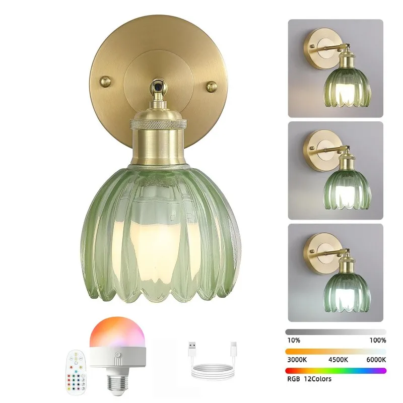 Retro green glass wall lamp Wiring-free bar restaurant Nordic bedroom bedside premium glass wall lamp wholesale