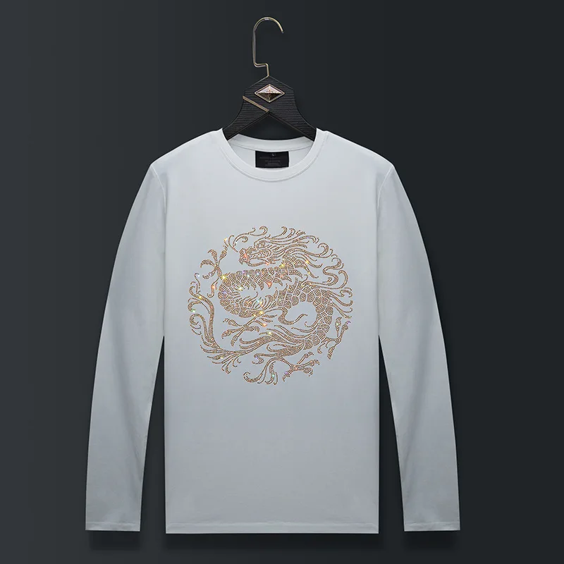 Plus Size O Neck Long Sleeve T Shirts Men Tops Dragon Rhinestones Fashion Streetwear Slim Modal Cotton Tshirts Mens Clothing