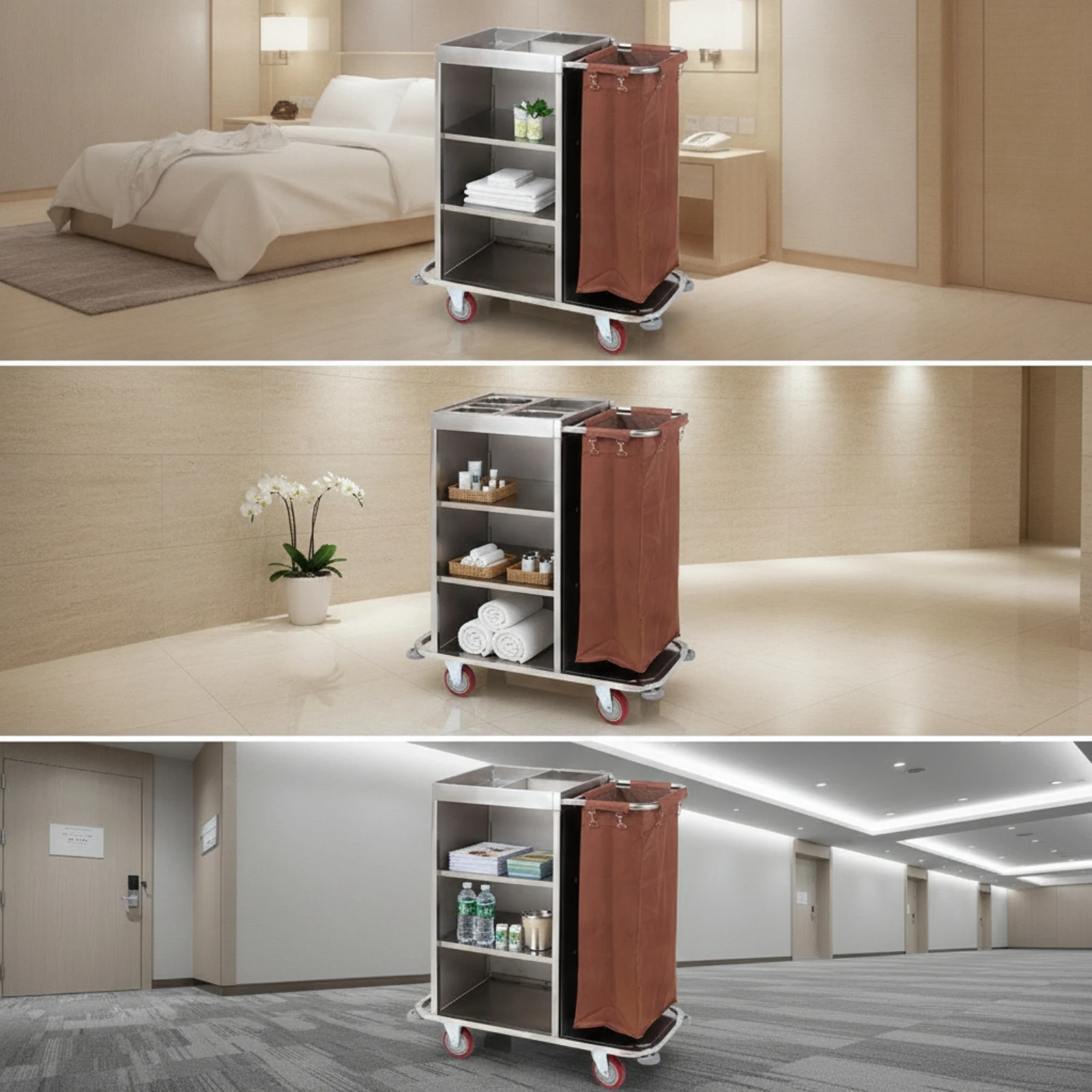 Hotel Cleaning Cart Stainless Steel Utility Cart with Bag Laundry Trolley with Bag Commercial Heavy Duty for Housekeepers
