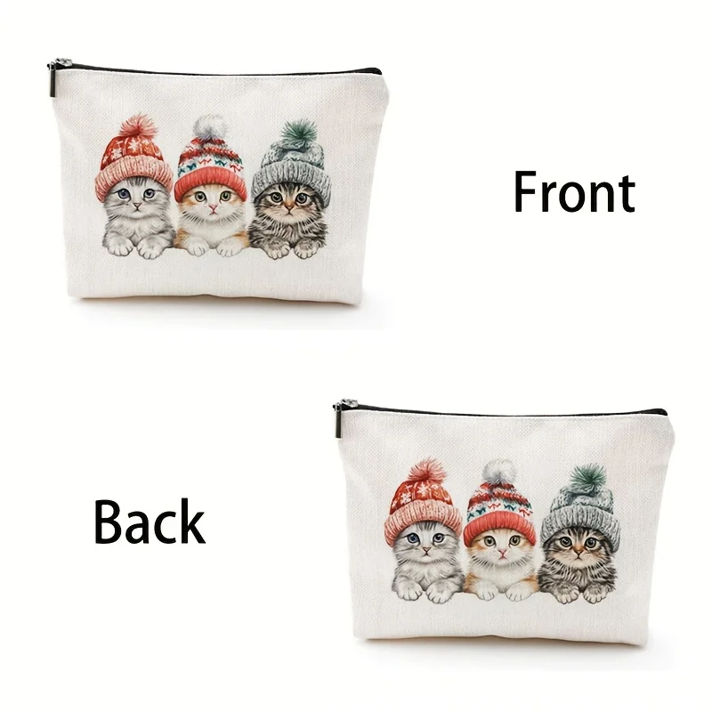 Zimowa kosmetyczka z motywem kociaka i kapelusza - urocza, wielofunkcyjna saszetka na zamek błyskawiczny, etui na biżuterię.