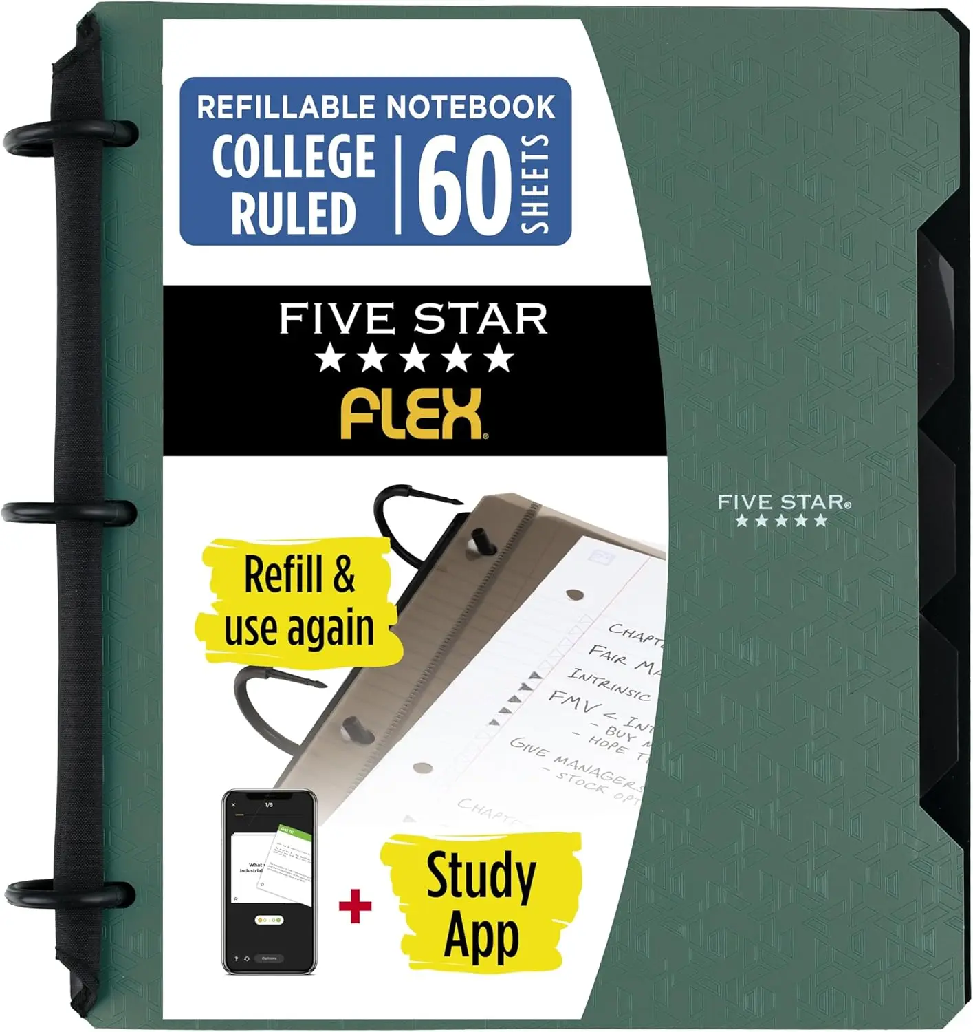 

Refillable Notebook with Study App, College Ruled Paper, 1 Inch TechLock Ring Binder, Pockets, Tabs, Dividers, 200 Sheet