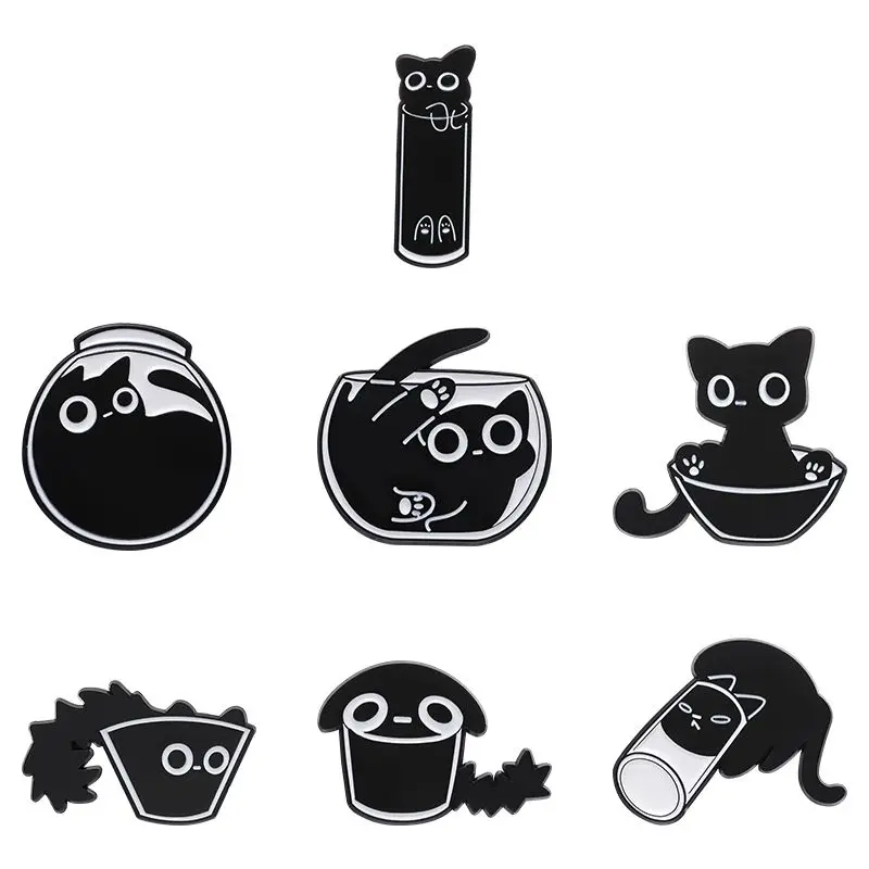4-8 teile/satz Nette Schwarze Katze Serie Emaille Pins Cartoon Große Augen Kätzchen Tier Brosche Revers Rucksack Abzeichen schmuck Geschenk Für Freunde